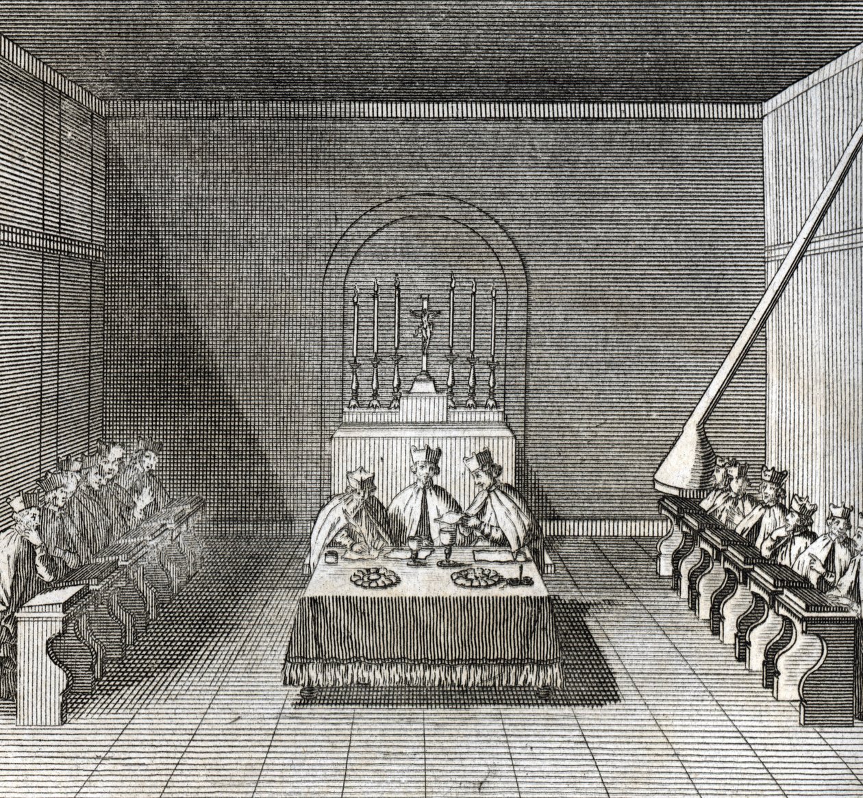 Different stages of the conclave, meeting of cardinals for the election of a new pope: the election of the new pope during the conclave in the Sistine chapel, Vatican: ballots of the cardinals for the election of the pope) Engraving from Illustration by Bernard Picart