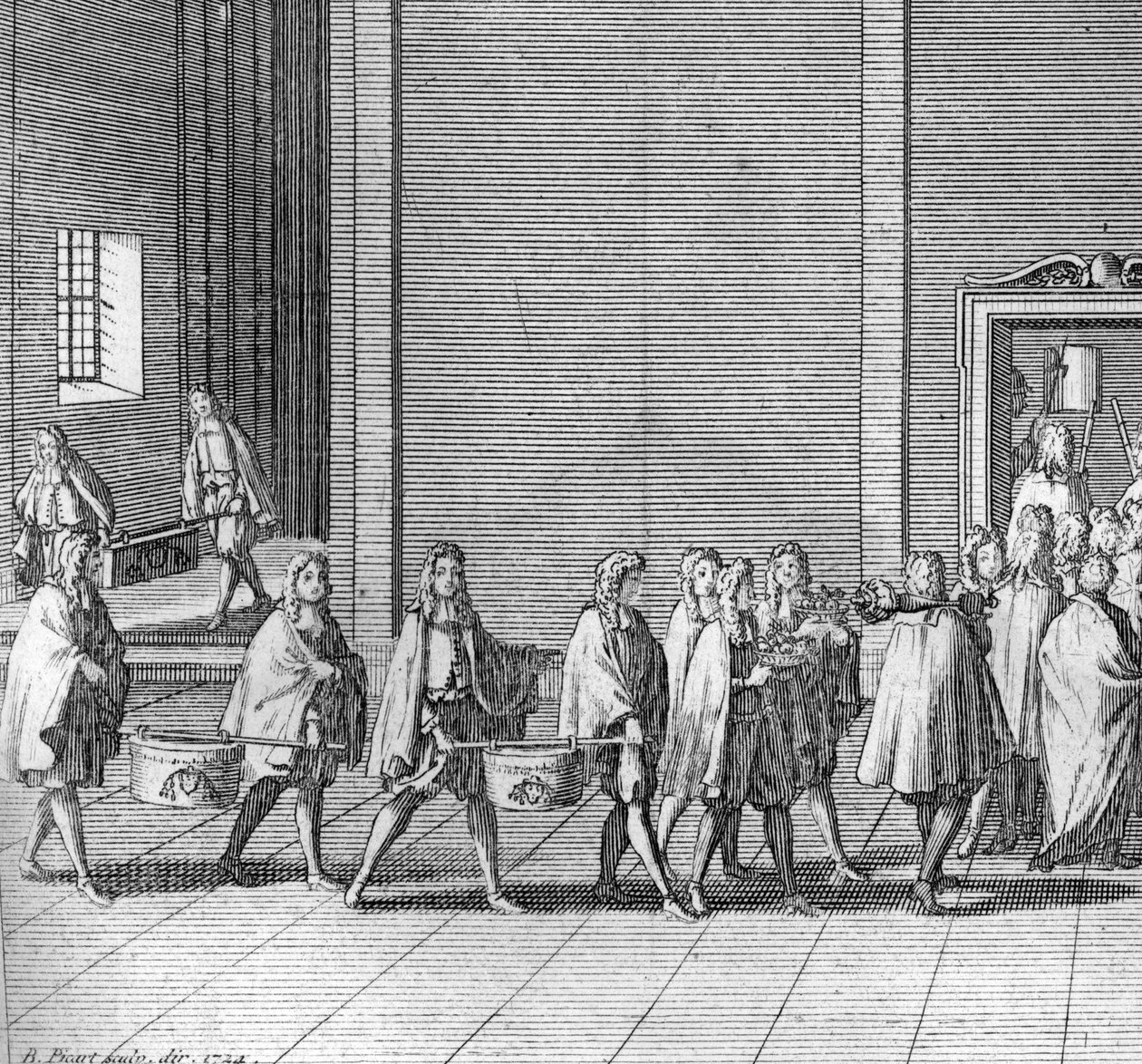 Different stages of the conclave, meeting of the cardinals for the election of a new pope: the rations are made during the conclave (Vatican: arrival of food during the conclave) Engraving from Illustration of religious ceremonies and customs of all people by Bernard Picart