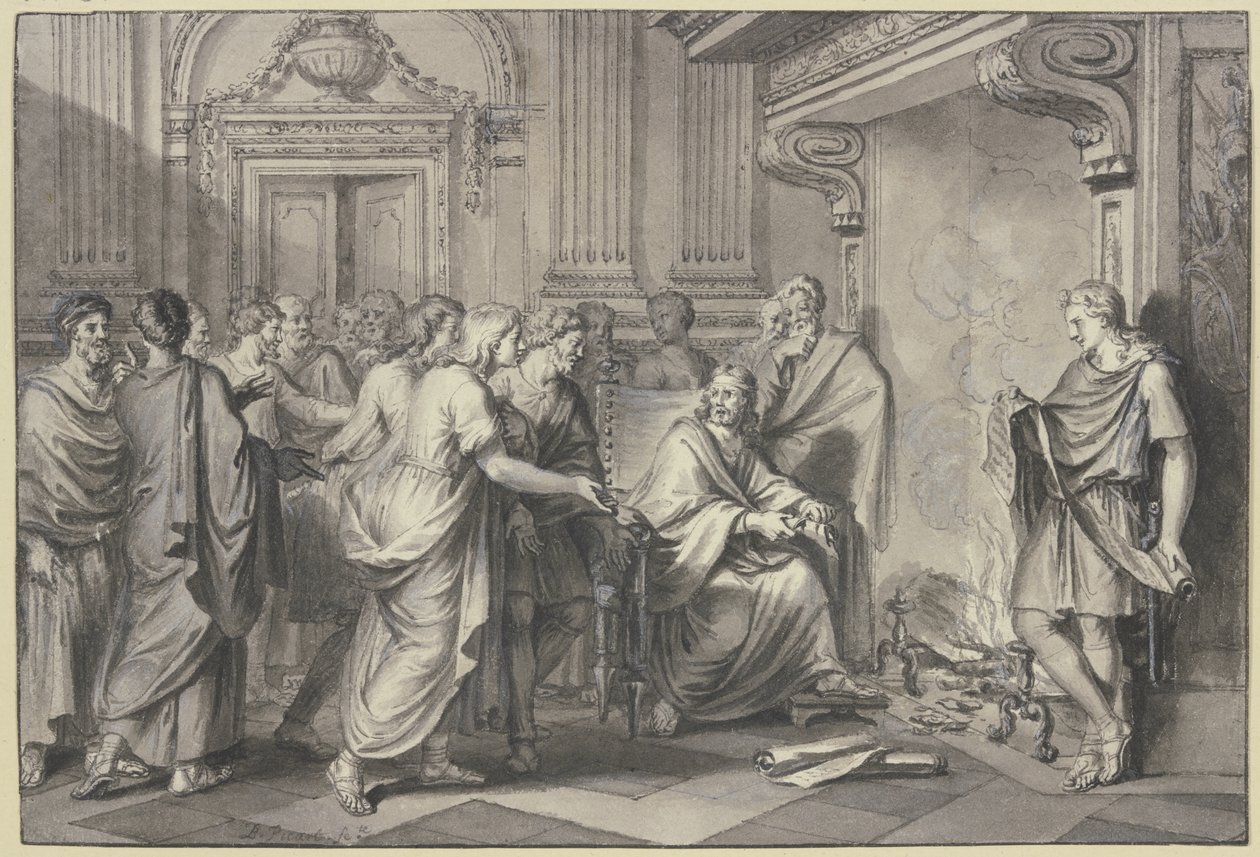 A Roman Throws Paper Rolls into the Fire in the Presence of Many People by Bernard Picart