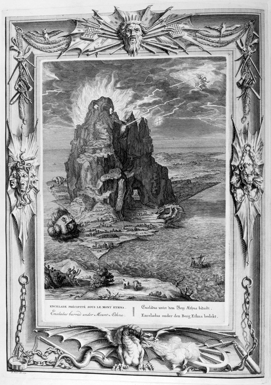 Enceladus buried underneath Mount Etna, 1733 by Bernard Picart