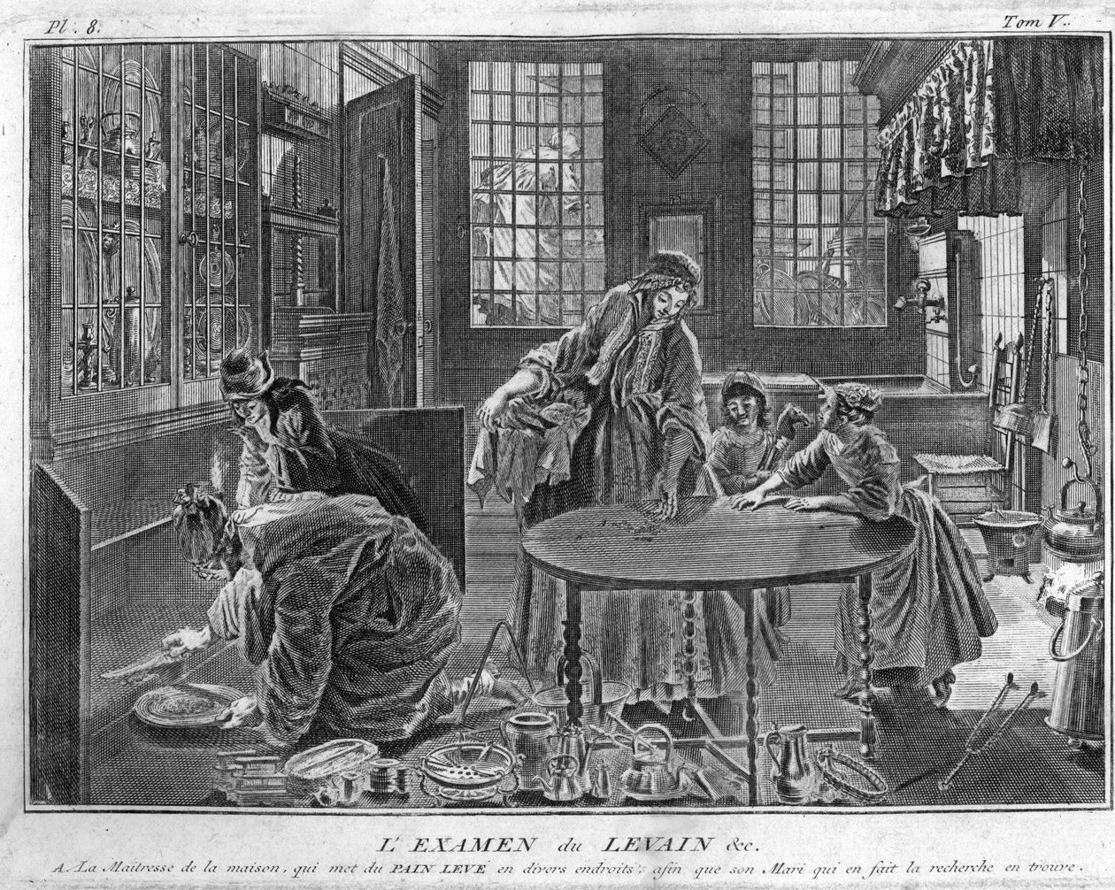 Judaism: the examination of leaven, the search for leaven on the eve of the feast of Pessah (Easter) The search for leaven, removal of all chametz on the eve of Passover for the Jewish people) Engraving from Illustration of ceremonies and customs relig by Bernard Picart