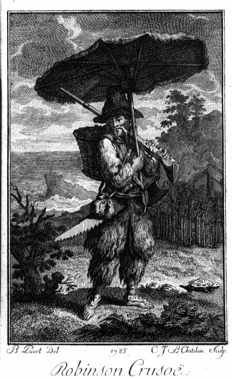 Representation of Robinson Crusoe on his deserted island. Engraving by Bernard Picart (1673-1733) illustrating the novel by Daniel Defoe (1660-1731) by Bernard Picart