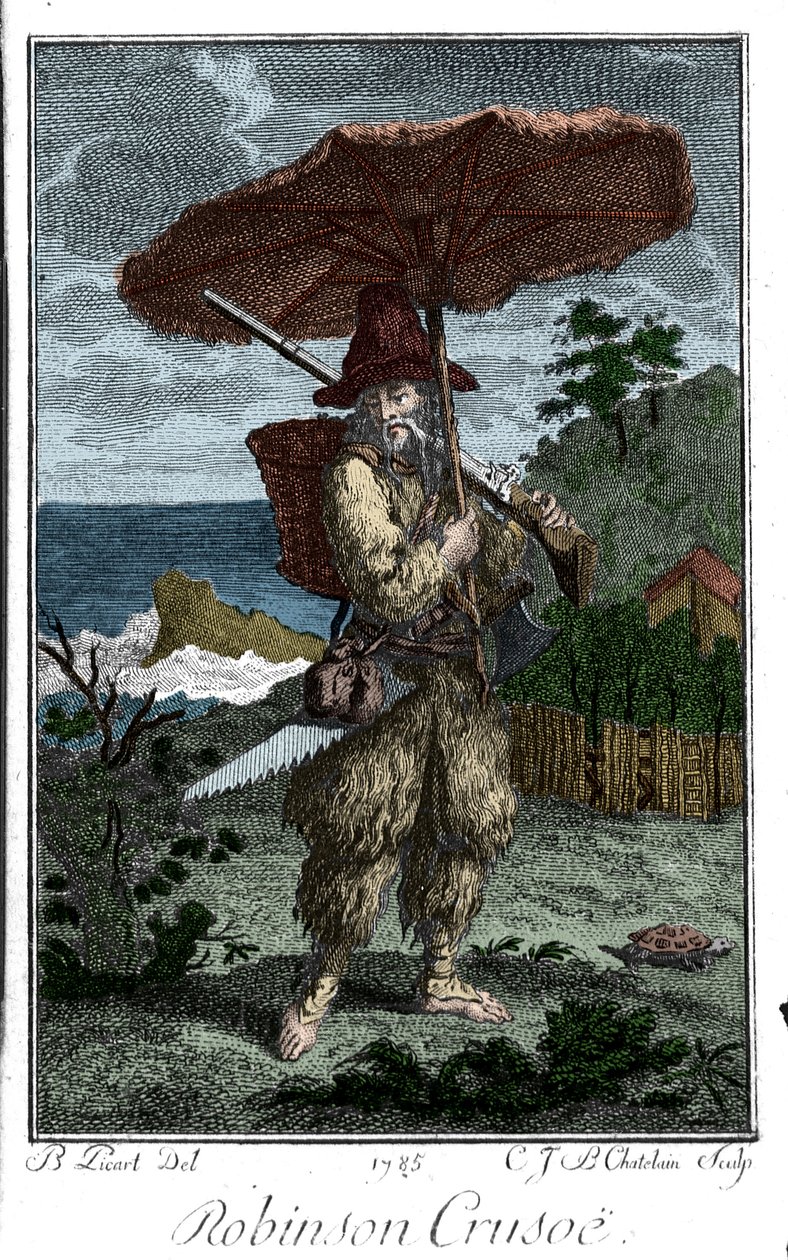 Representation of Robinson Crusoe on his deserted island. Engraving by Bernard Picart illustrating the novel by Daniel Defoe by Bernard Picart