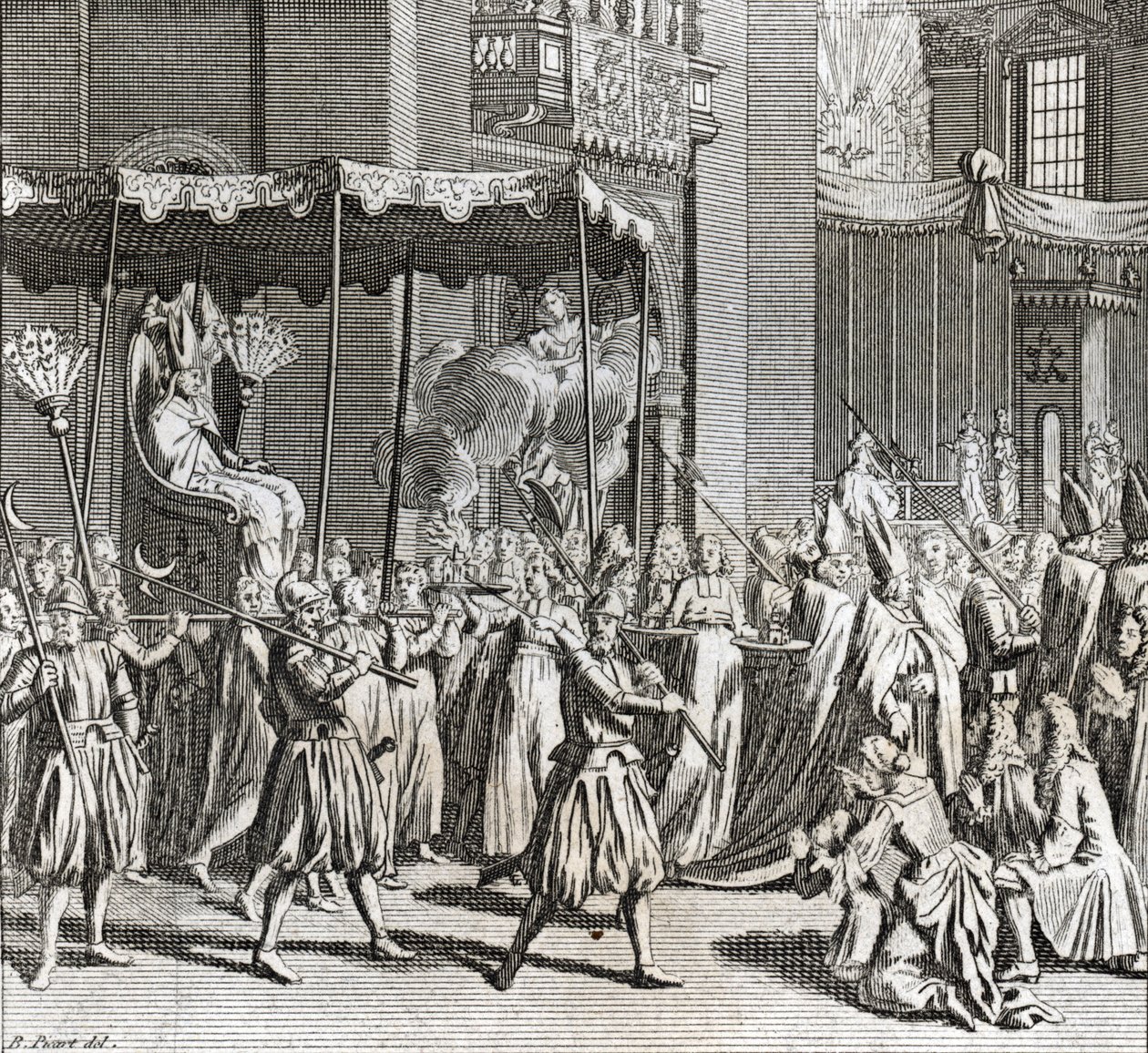 Solemn Inauguration of the Pontificate: the burning of a cloth Engraving from Illustration de ceremonies et customs religieuses de tous les peuples du monde by Bernard Picart (1723-1743) 1819 Private collection by Bernard Picart