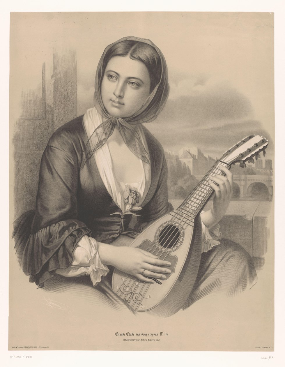Woman Playing a Mandolin, Large Studies in Two Types of Chalk (series title), Grande étude aux deux crayons (series title on object) by Bernard Romain Julien