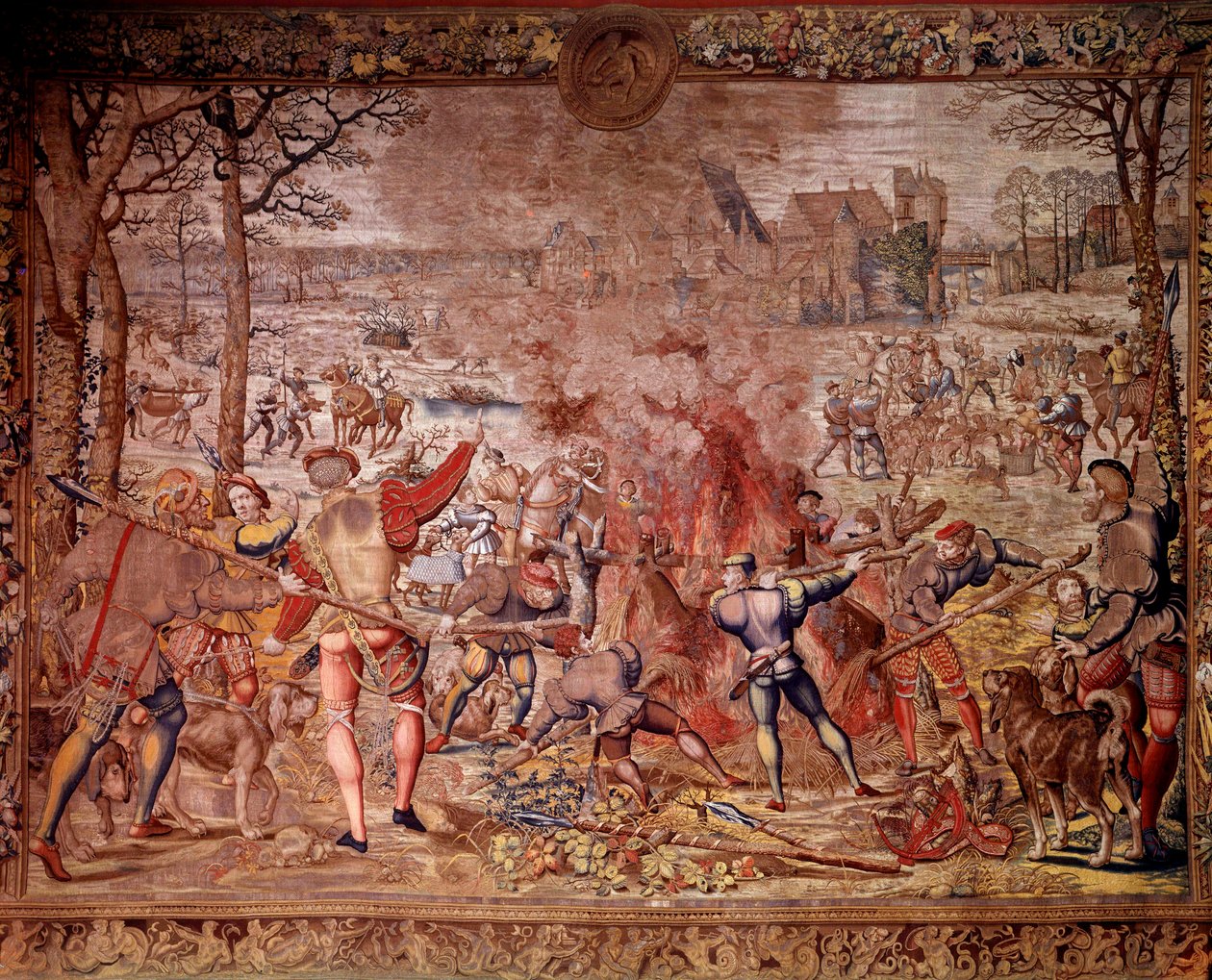 The Hunts of Maximilien: The Month of January, Aquarius, Wild Boar Hunting, Flambee, Curee by Bernard van (after) Orley