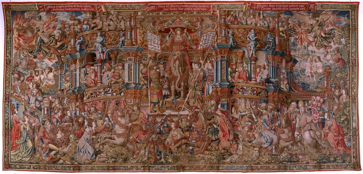 Flemish Tapestry. Series The Honours. Fame (La Fama). Third Tapestry in the Series. Model Cartoonists from the Circle of Bernard van Orley and Jan Gossaert (Mabuse). Manufacture Pieter van Aelst, Brussels. Ca 1550. by Bernard van Orley