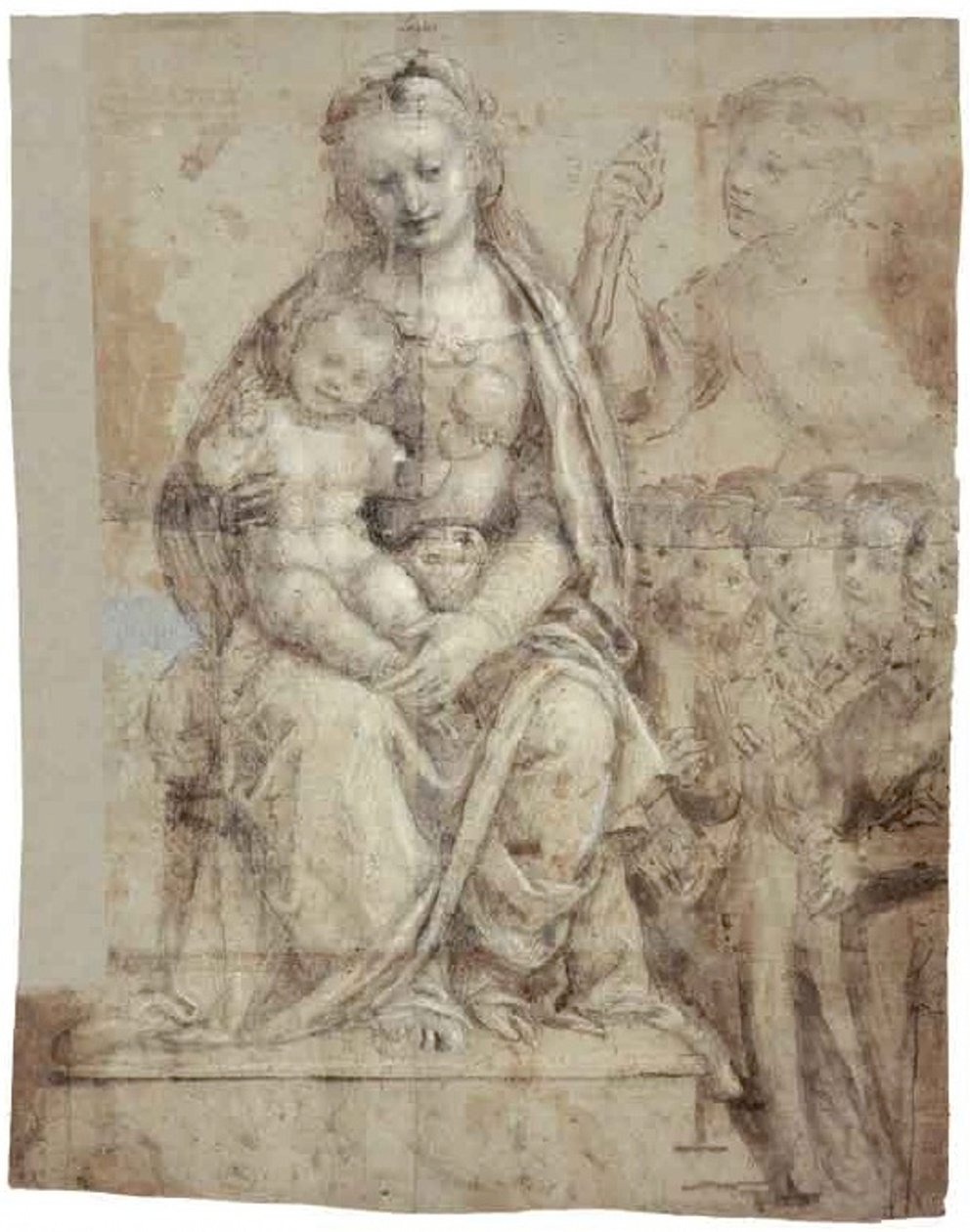 Madonna and Child, a Warrior Saint (Michael?), and a Group of Worshippers by Bernardino Lanino