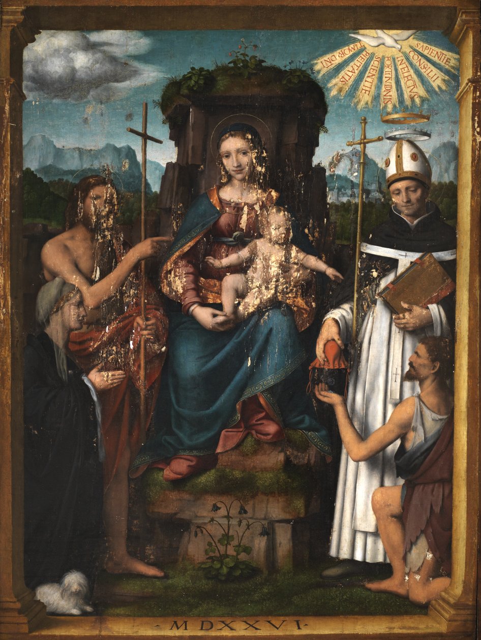 Virgin and Child Enthroned with Saint John the Baptist, Saint Antoninus, a Female Donor and a Beggar by Bernardino Luini