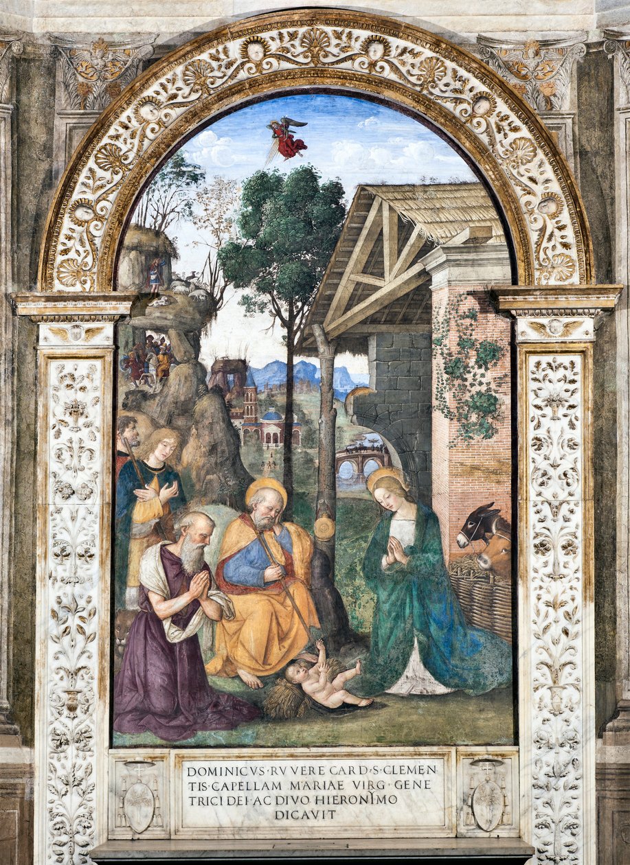 Adoration of the Shepherds Fresco by Pinturicchio (Bernardino di Betto) (1454-1513) 1484-1492 Basilica di Santa Maria del Popolo (Church of Santa Maria del Popolo), Cappella Basso della Rovere Rome Italy by Bernardino di Betto Pinturicchio