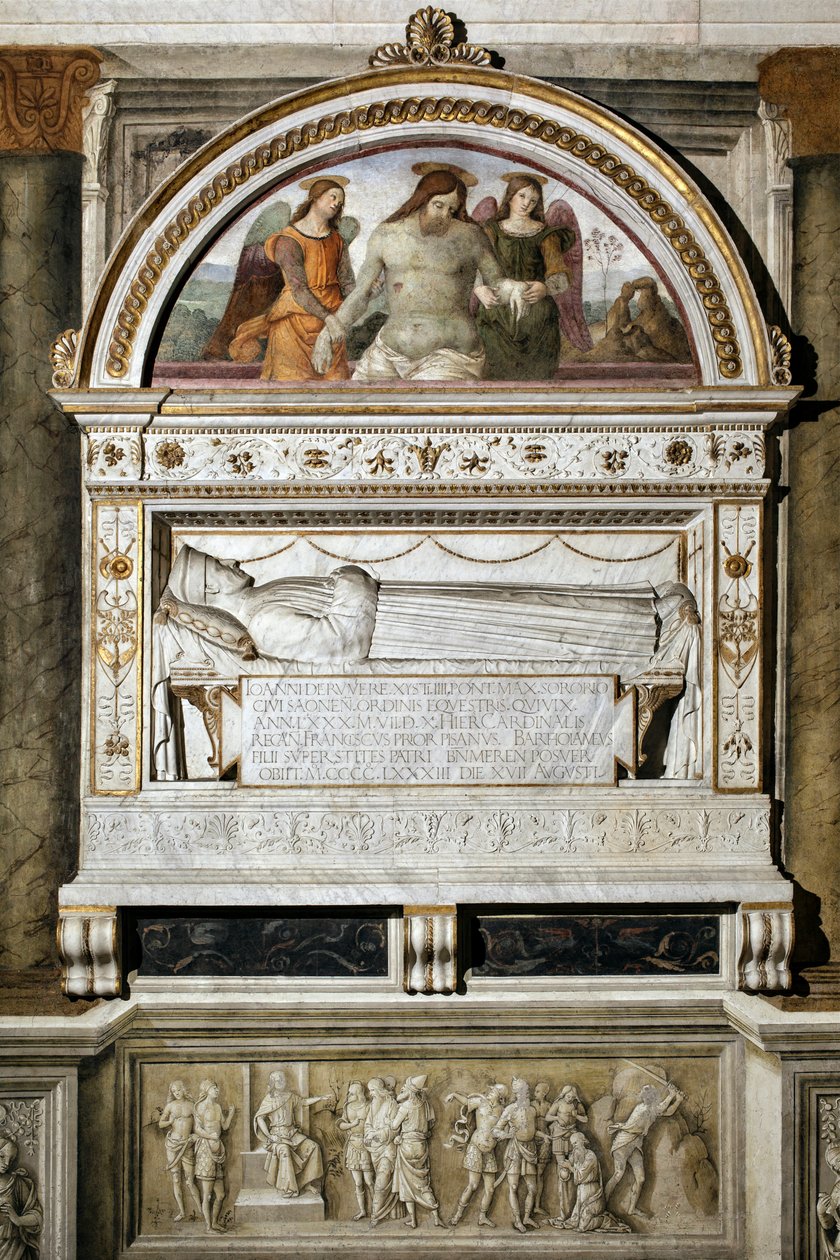 Funeral monument in tribute to Giovanni Basso della Rovere - The dead Christ supported by two angels (detail) by Bernardino di Betto Pinturicchio