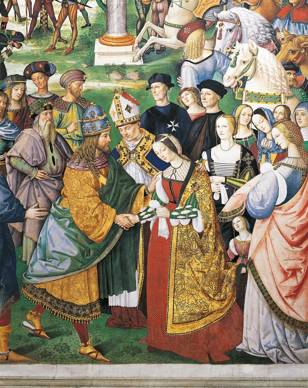 Enea Silvio Piccolomini attending coronation of Frederick III and Eleanor of Aragon, detail from Stories of Pius II, Piccolomini Library, Siena Cathedral, Italy by Bernardino di Betto Pinturicchio