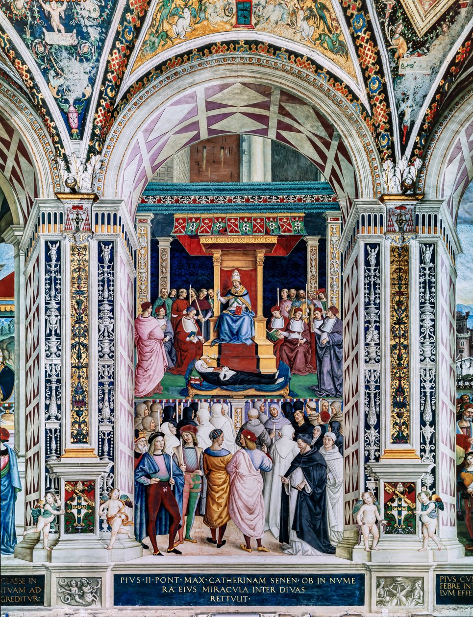 The Piccolomini Library, south west wall: Pius II canonizes St. Catherine of Siena, June 29 by Bernardino di Betto Pinturicchio
