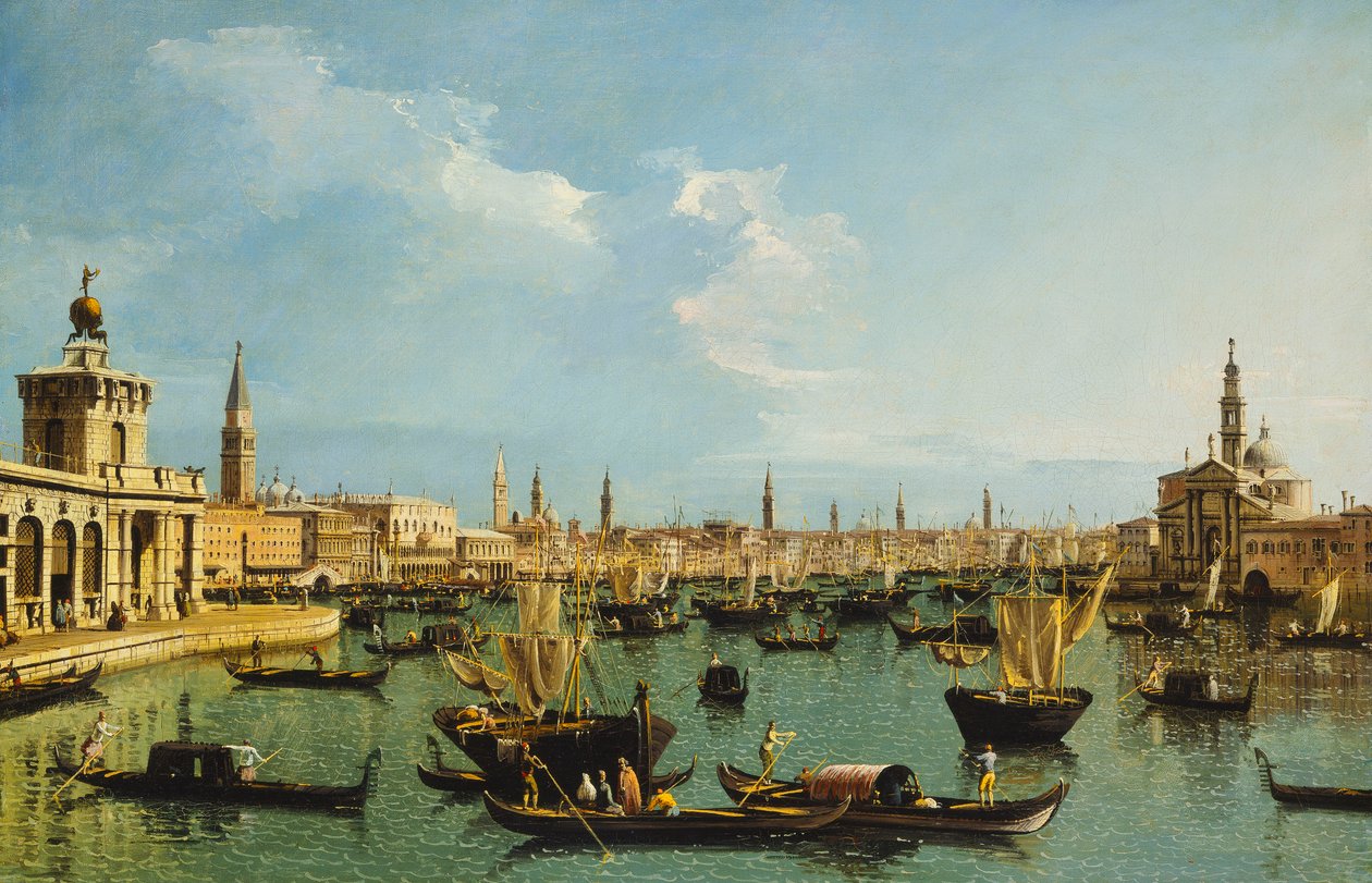 The Bacino di San Marco, Venice, from the Giudecca Canal with the Dogana, the Molo, the Riva degli Schiavoni, the Church of San Giorgio Maggiore and numerous Boats by Bernardo Bellotto