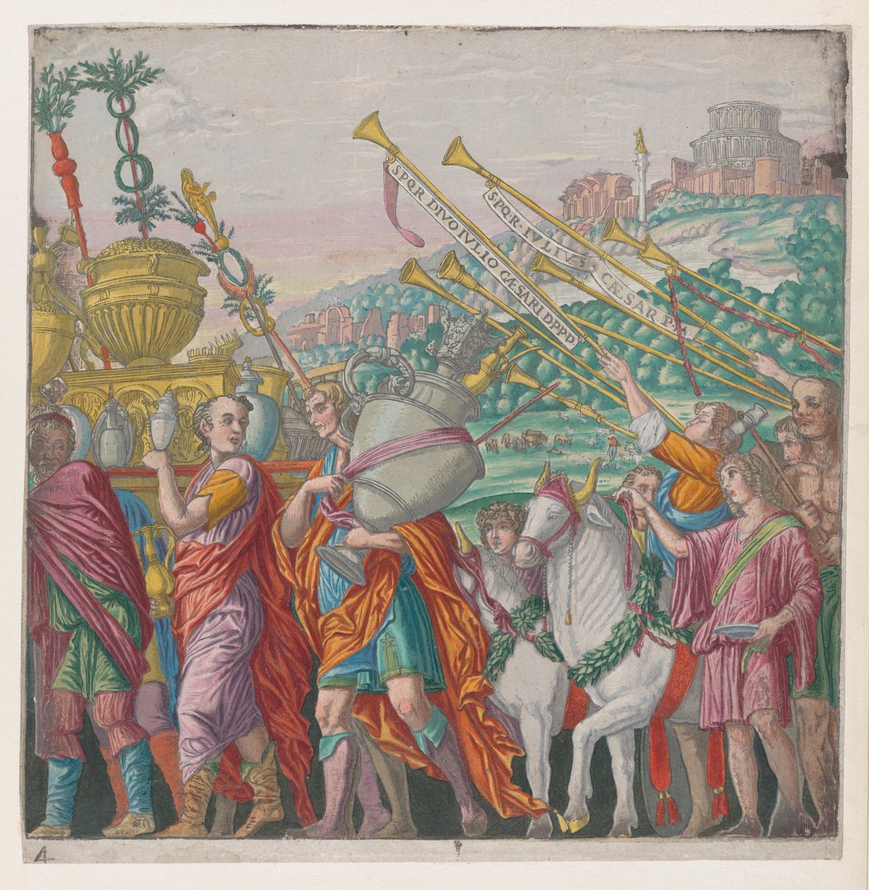 Sheet 4: Men carrying trophies at left, trumpeters at right, from The Triumph of Julius Caesar, 1599 by Bernardo Malpizzi