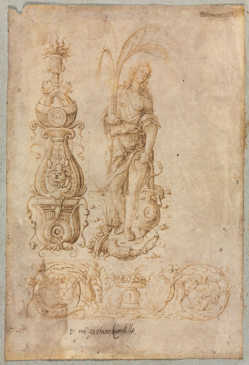 Design for a Candelabrum, Allegorical Figure of Abundance, Ornamental Relief Design by Bernardo Parentino