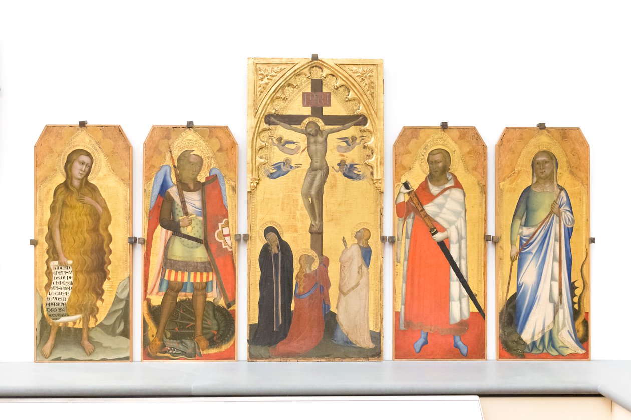 Crucifixion with mourners and Mary Magdalene at the foot of the Cross by Bernardo & Simone Puccio di (fl.1345 65) Daddi