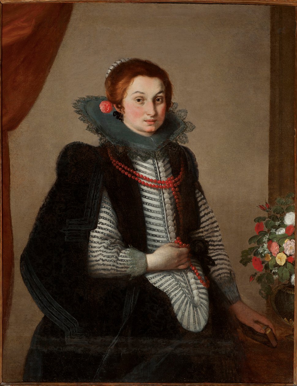 Portrait of young lady with coral necklace by Bernardo Strozzi