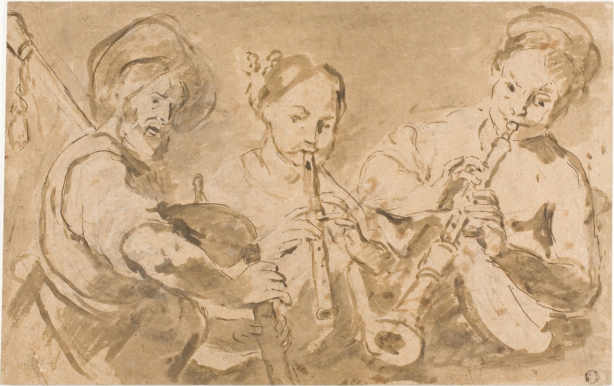 Three Musicians Playing Horns and Pipe by Bernardo Strozzi