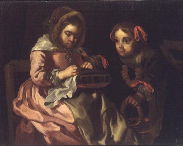 Two Girls Sewing by Bernardt Keil or Keyl
