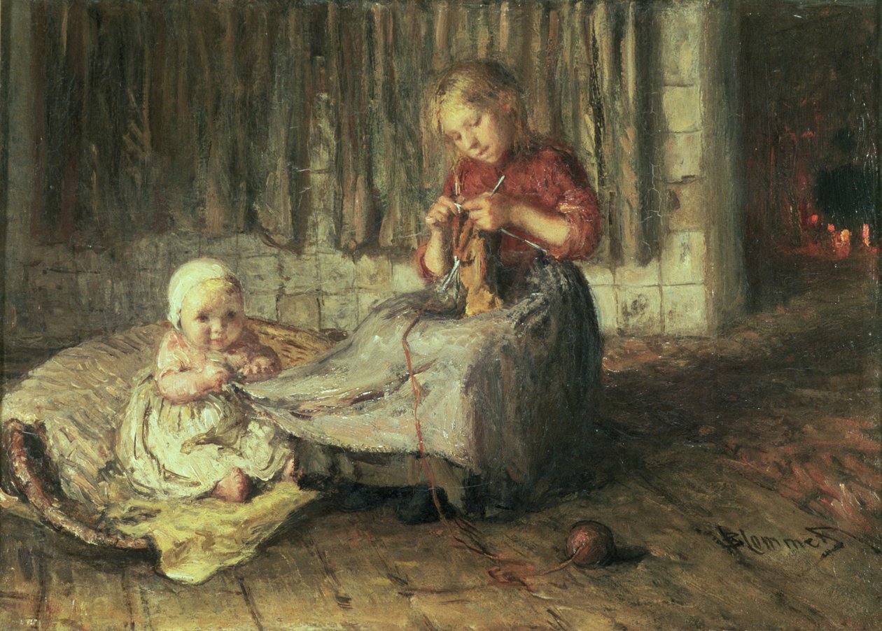 Baby Sitting by Bernardus Johannes Blommers or Bloomers