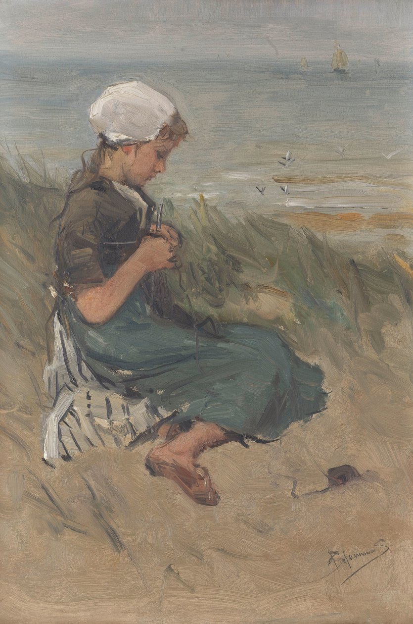 Girl Knitting in the Dunes by Bernardus Johannes Blommers