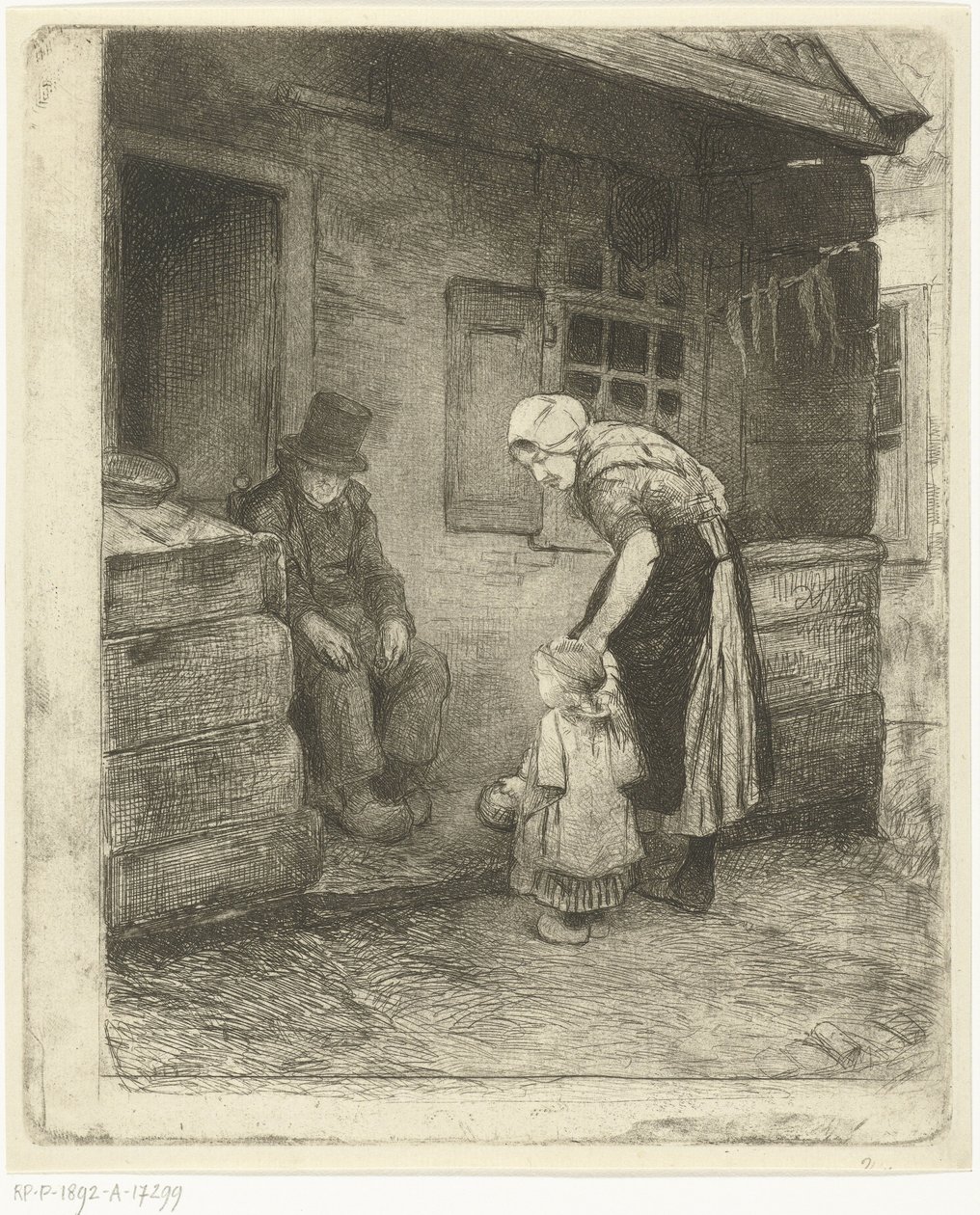 Woman with Small Child Standing by Seated Old Man in Front of Workers