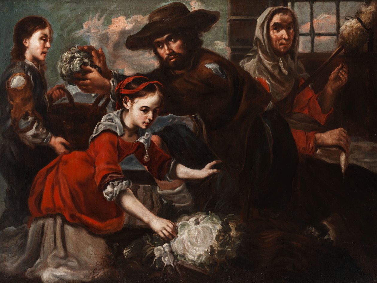 Market Scene with Young Cabbage Seller and an Old Spinner by Bernhard Keil