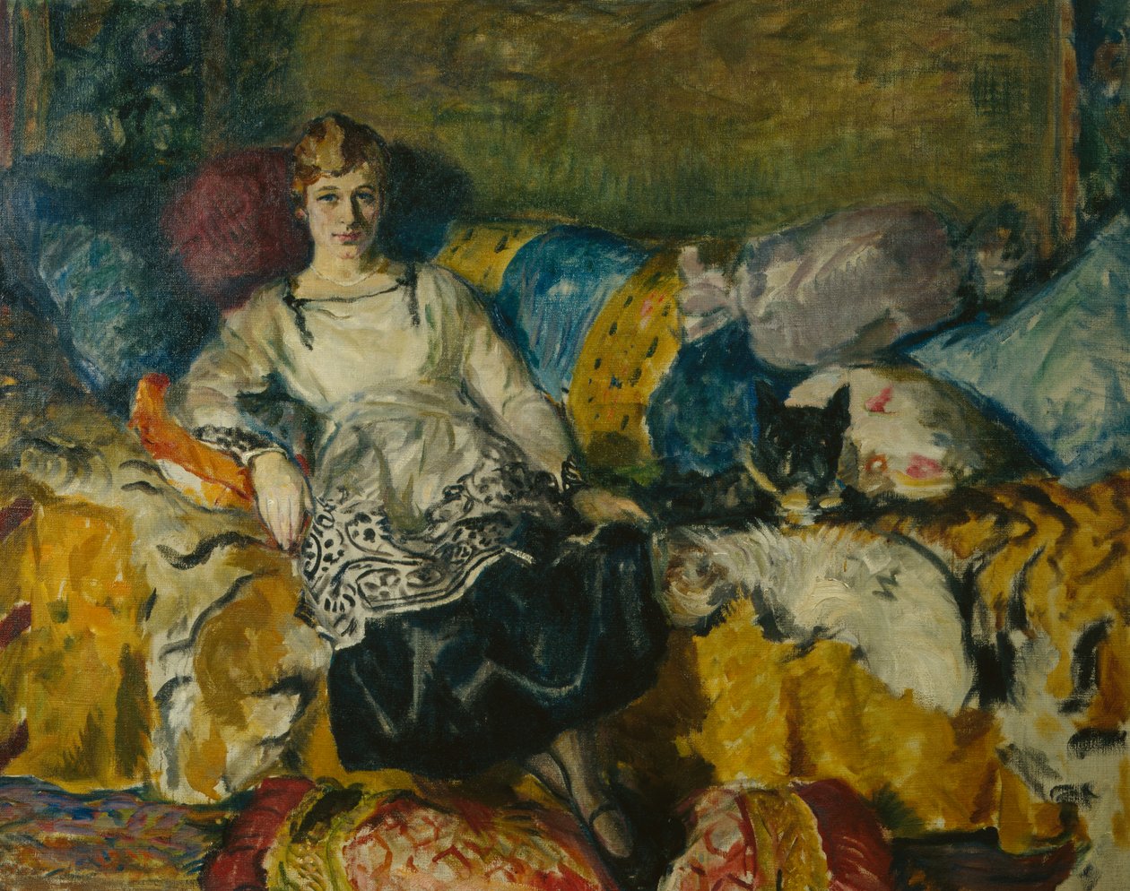 Woman with Dog on the Sofa by Bernhard Dorotheus Folkestad