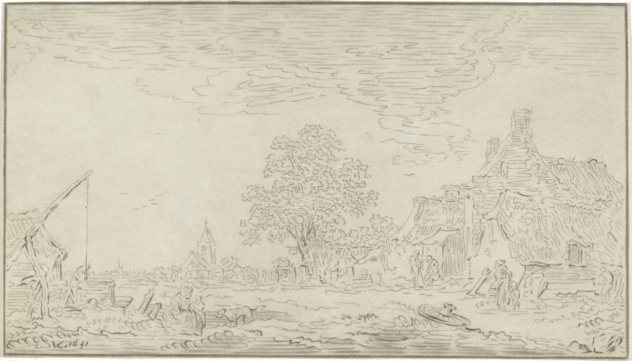View of a Village with a Well on the Left by Bernhard Schreuder