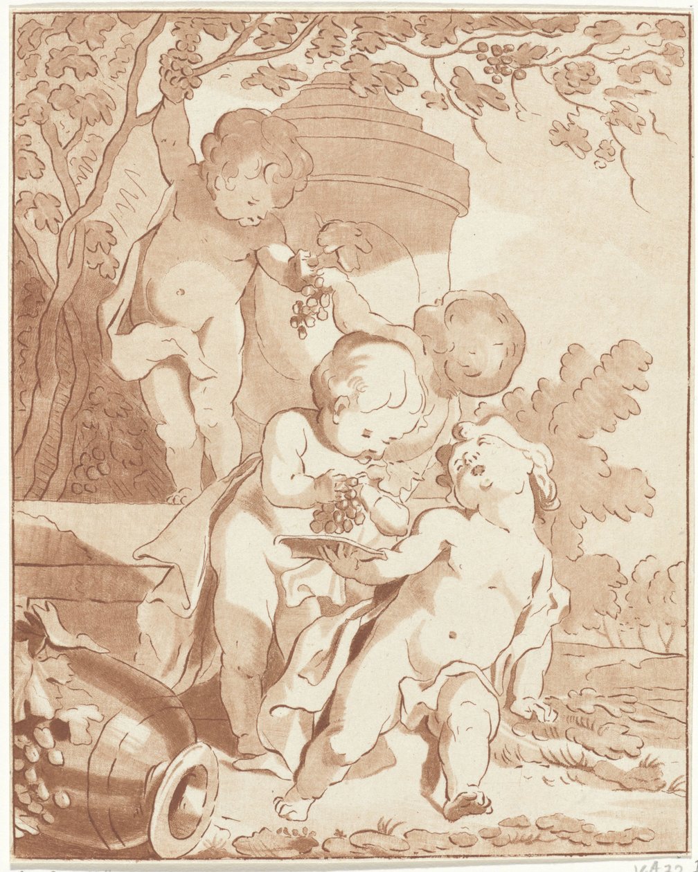 Four Putti Picking Grapes by a Vase by Bernhard Schreuder
