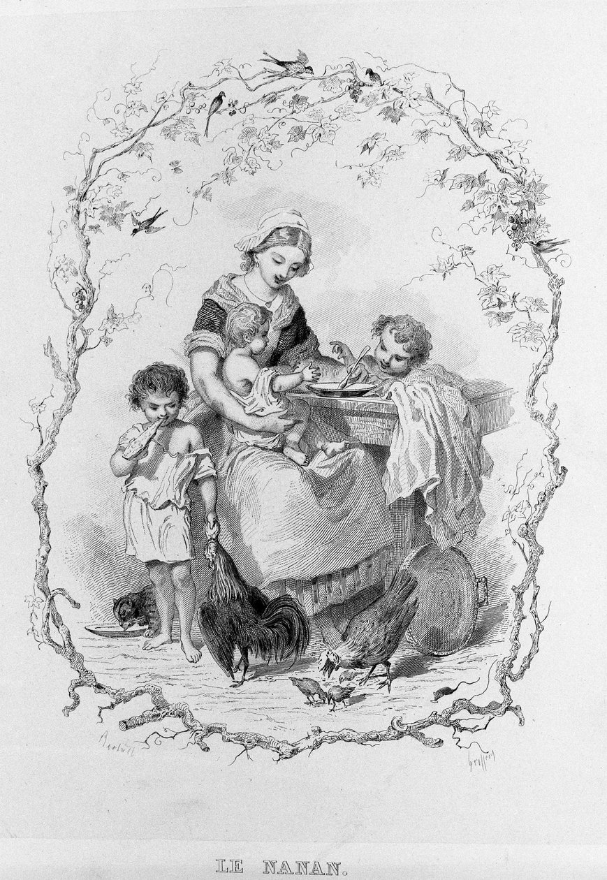 The Nanny: A Young Mother Feeds Her Three Children in "La Physiologie du Goût" by Brillat-Savarin Illustrated by Bertal. Paris 1840. Jean Anthelme Brillat-Savarin (1755-1826) French Gastronome by Bertall