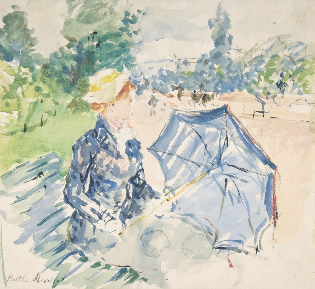 A Woman Seated at a Bench on the Avenue du Bois (1885) by Berthe Morisot