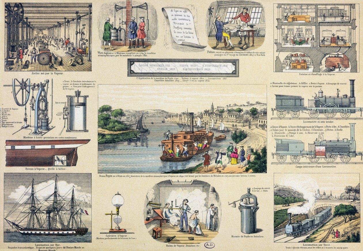 History of Steam, illustration for an educational textbook, mid 19th century by Bertmont
