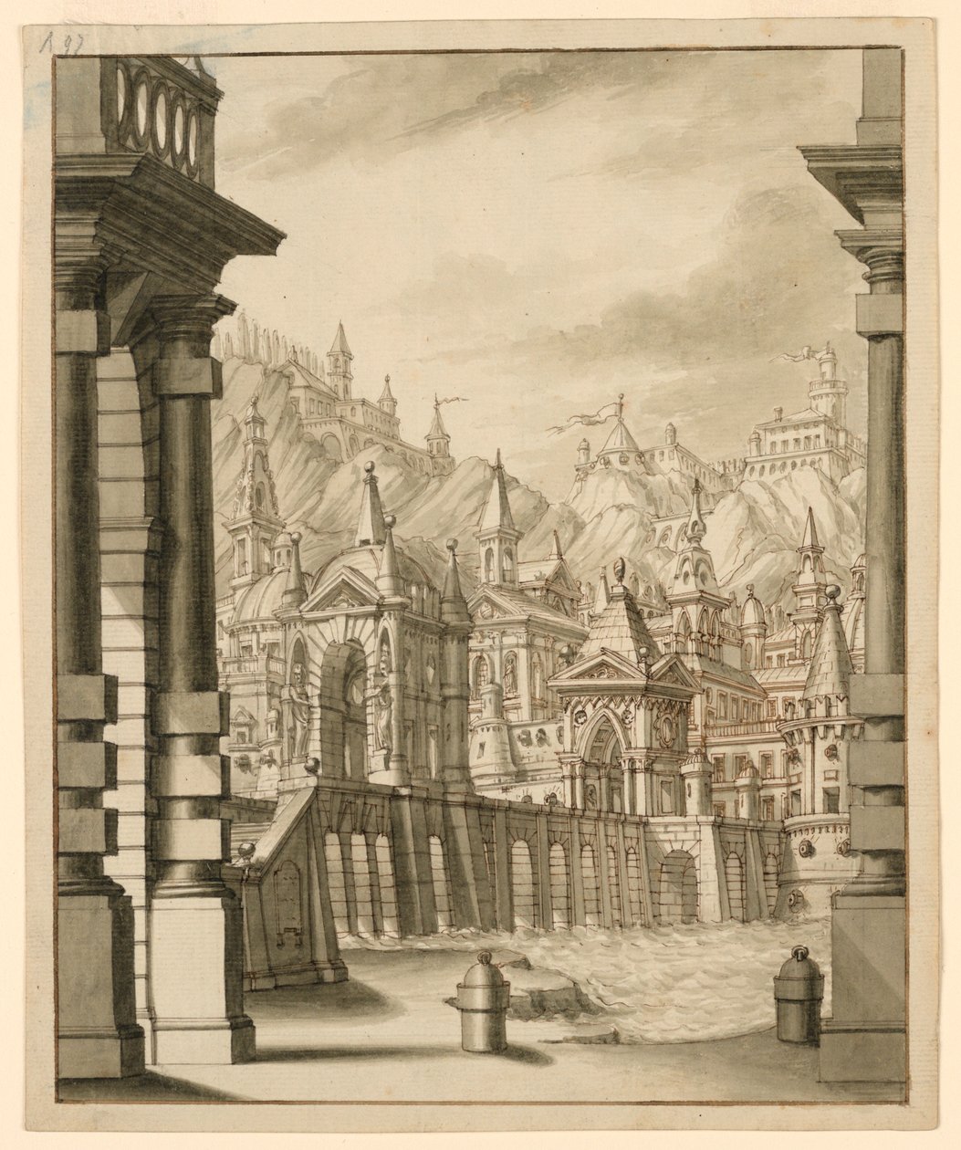Stage Design, Town on Hill with Turreted Buildings by Bibiena Family, 1657