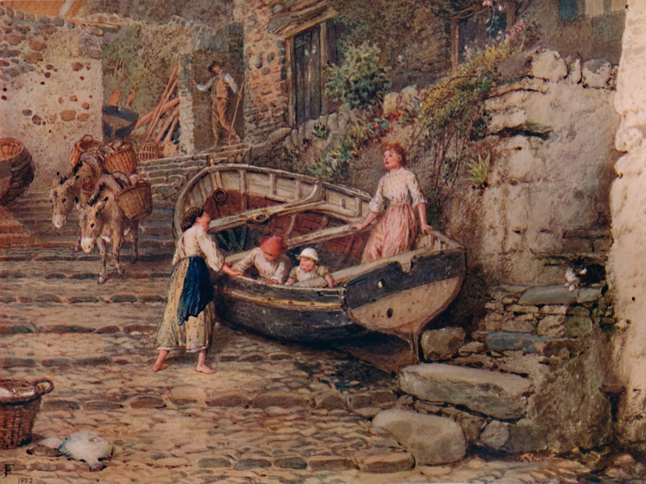 View at Clovelly, with Stranded Boat and Figures, 1882 by Birket Foster