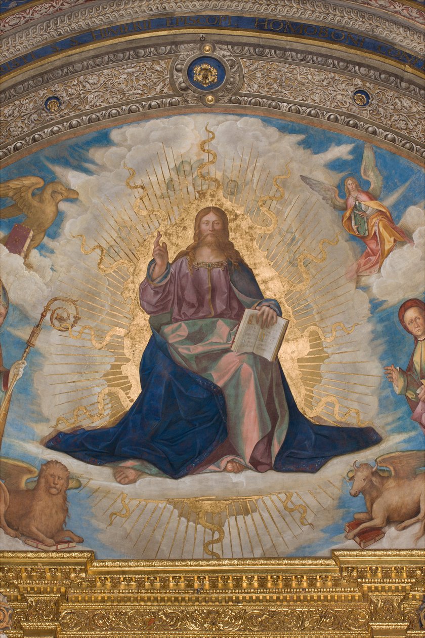 Apse, Pantocrator among Saints Marcellino, Imerio, Omobono, Peter Exorcist (detail) by Boccaccio Boccaccino