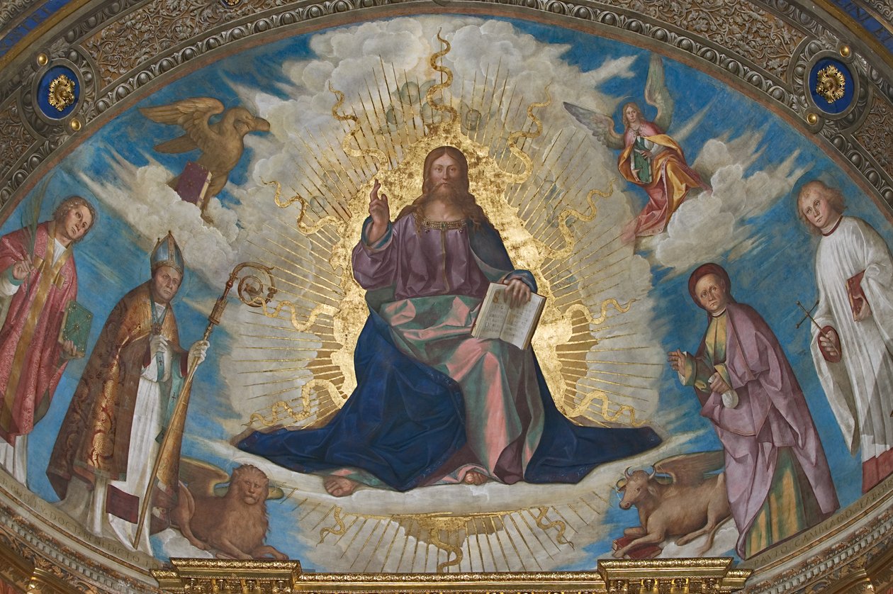 The Redeemer in Glory among St Himerius, St Marcellinus, St Omobono and St Peter, and the symbols of the Evangelists by Boccaccio Boccaccino