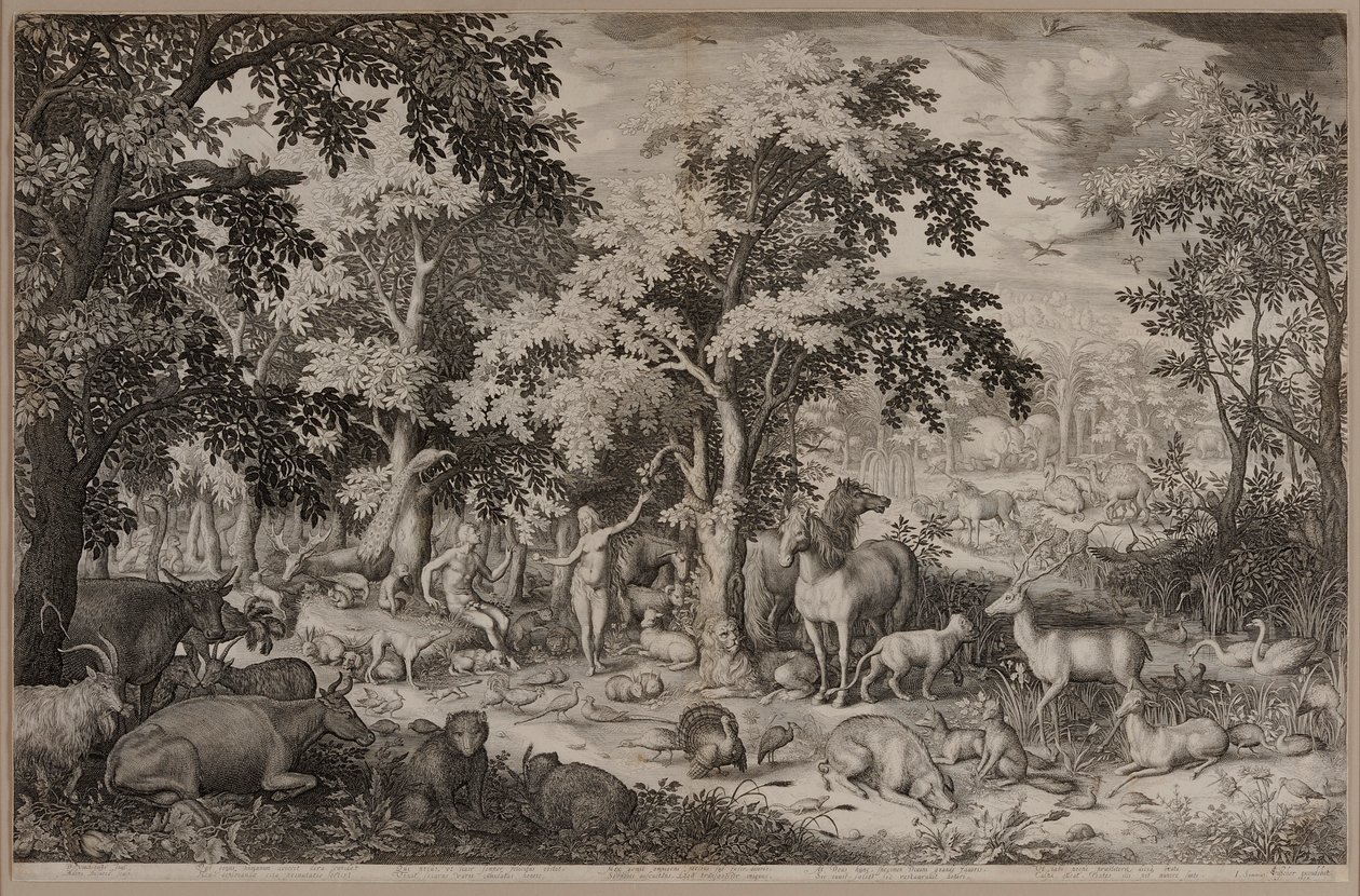 Adam and Eve in the Garden of Eden Surrounded by Trees and Wildlife by Boetius Adams Bolswert
