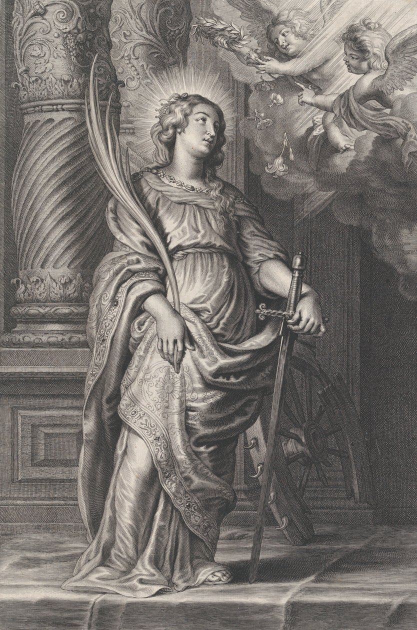 Saint Catherine Holding Palm Leaves and a Sword, Two Putti Overhead Holding a Laurel by Boetius Adams Bolswert