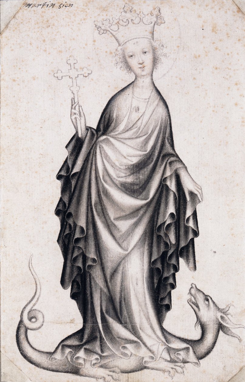 Saint Margaret of Antioch (she holds a crucifix and tramples a dragon) by Bohemian School