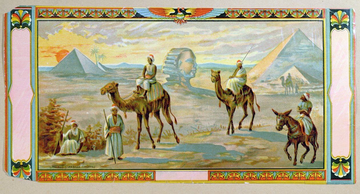 The Sphinx and the Pyramids, label from a fez box, c.1910 by Bohemian School
