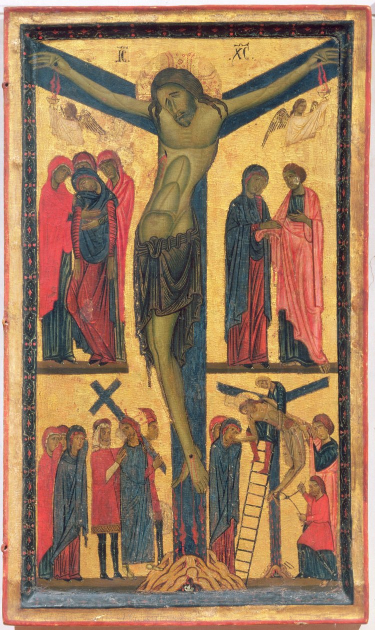 The Crucifixion with Holy Women, Mourners, Christ on the Road to Calvary and the Deposition, Right Panel of a Diptych by Bonaventura Berlinghieri
