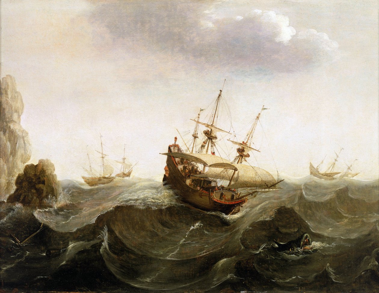 A Dutch trading ship to the East Indies lets two herring fishing boats pass, mid-17th century by Bonaventura Peeters
