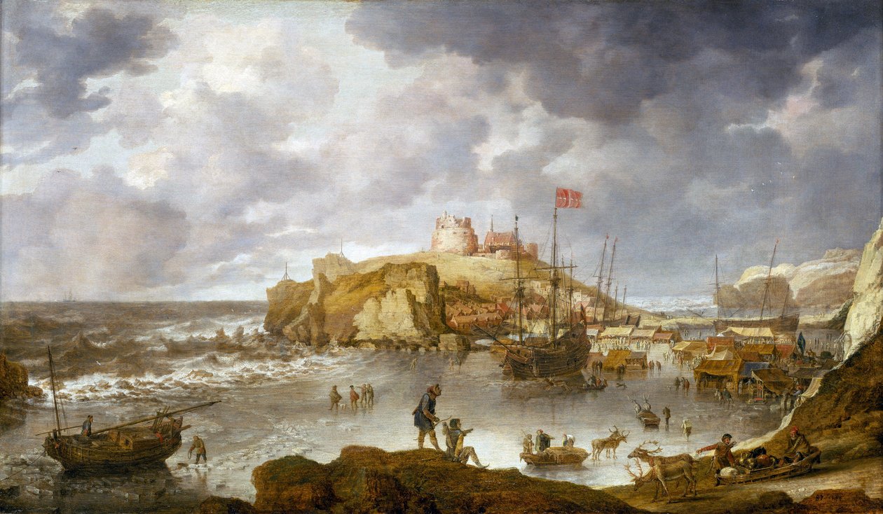 The Port of Archangel, Russia, Partly Frozen, with a Ship Carrying the Danish Flag by Bonaventura Peeters
