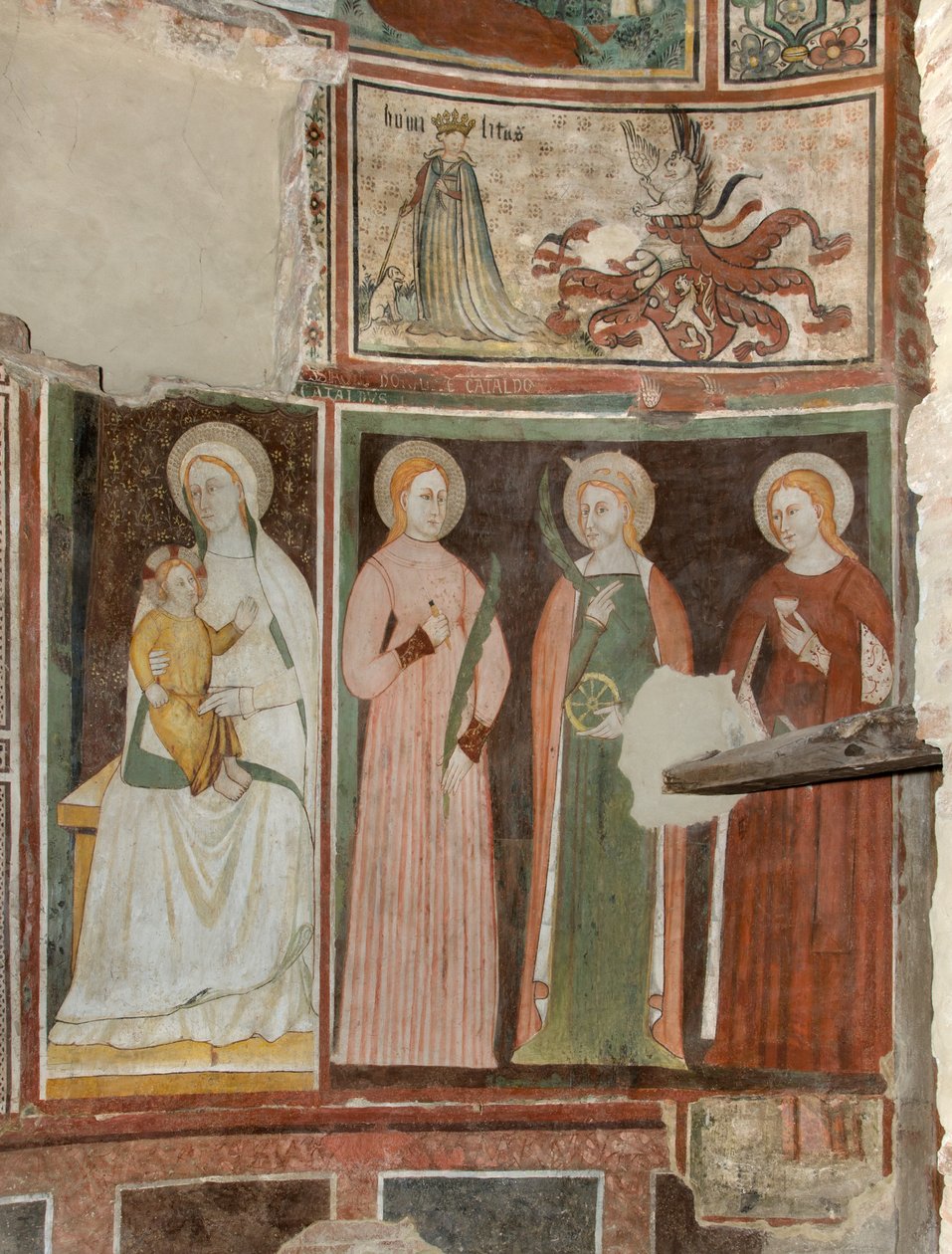 North Transept, Altar of St. Michael the Archangel, Behind the Altarpiece the Frescoes of Boniface Bembo, Virgin and Child Saint Aquilina and Saint Catherine of Alexandria, Above symbol of Umilitas by Bonifacio Bembo