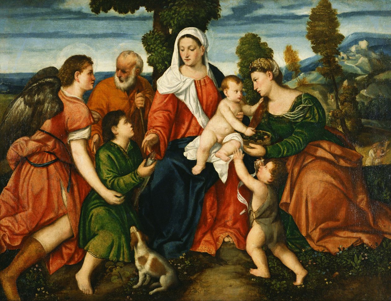 The Holy Family with Tobias and the Angel, Saint Dorothy, Giovannino, and the Miracle of the Corn Beyond by Bonifazio Veronese