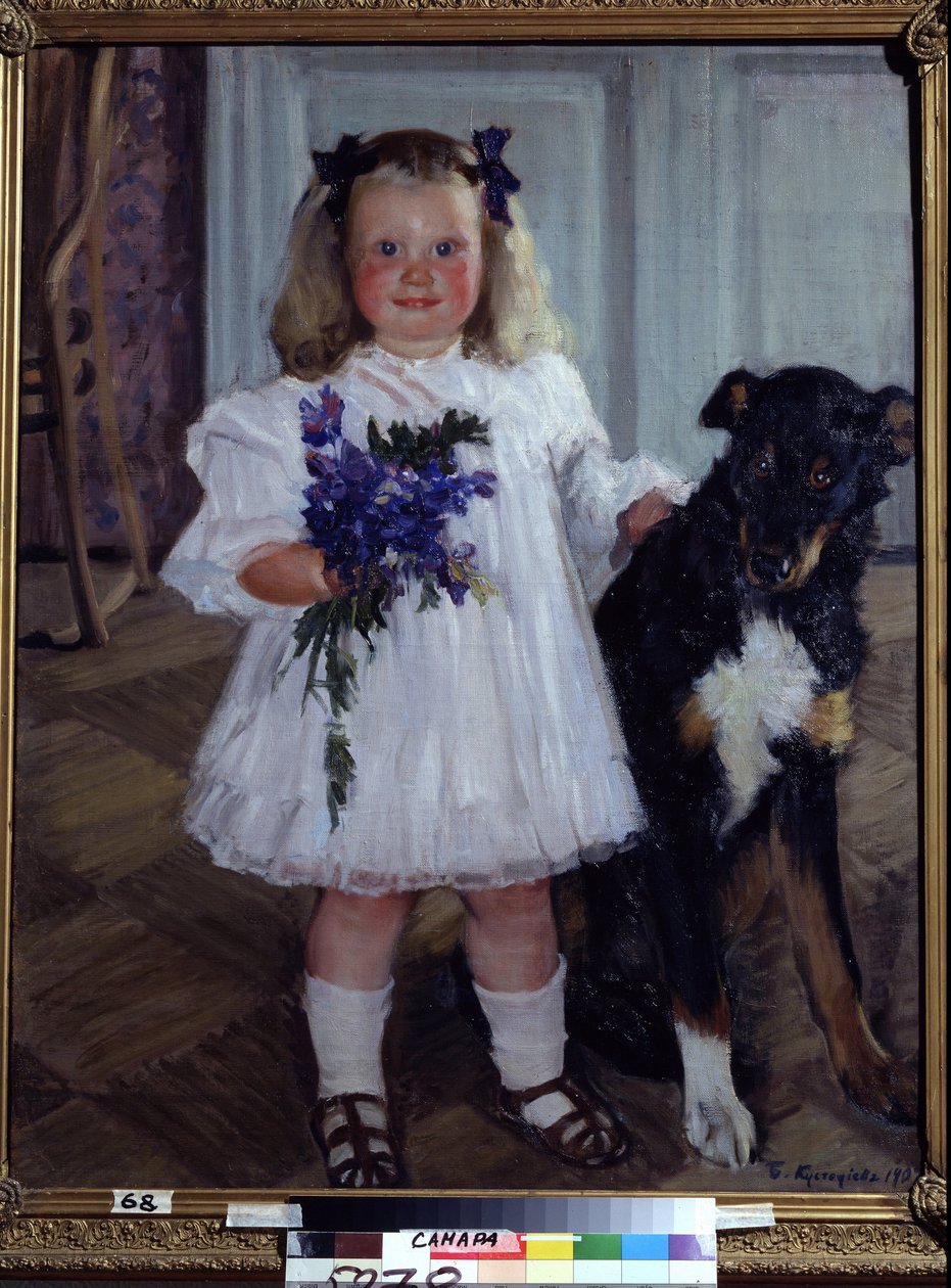 Portrait Of The Daughter Irina With The Dog Shumka by Boris Mikhailovich Kustodiev