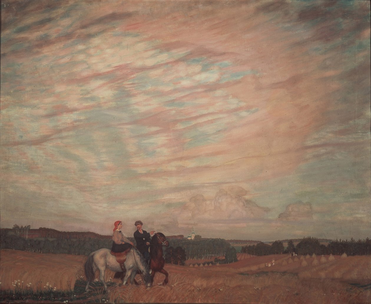 Self-portrait with the wife on horseback by Boris Mikhailovich Kustodiev