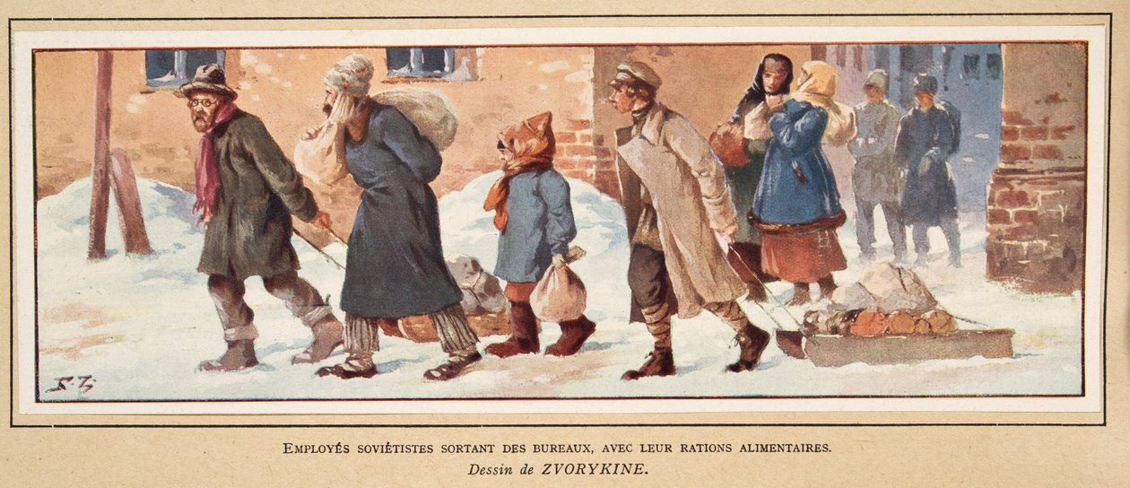 Soviet Workers leaving the office with their food rations, from Histoire des Soviets, pub. 1922 by Boris Vasilievich Zvorykin